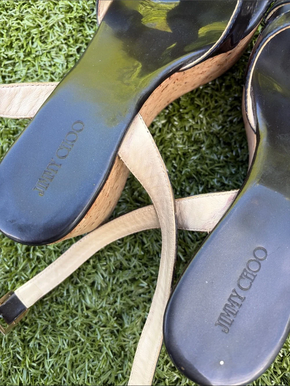 Jimmy Choo navy blue ankle strap wedges
